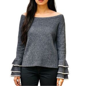 Express Knit Sweater Ruffled Sleeves Off-Shoulder Womens Size Medium Gray White